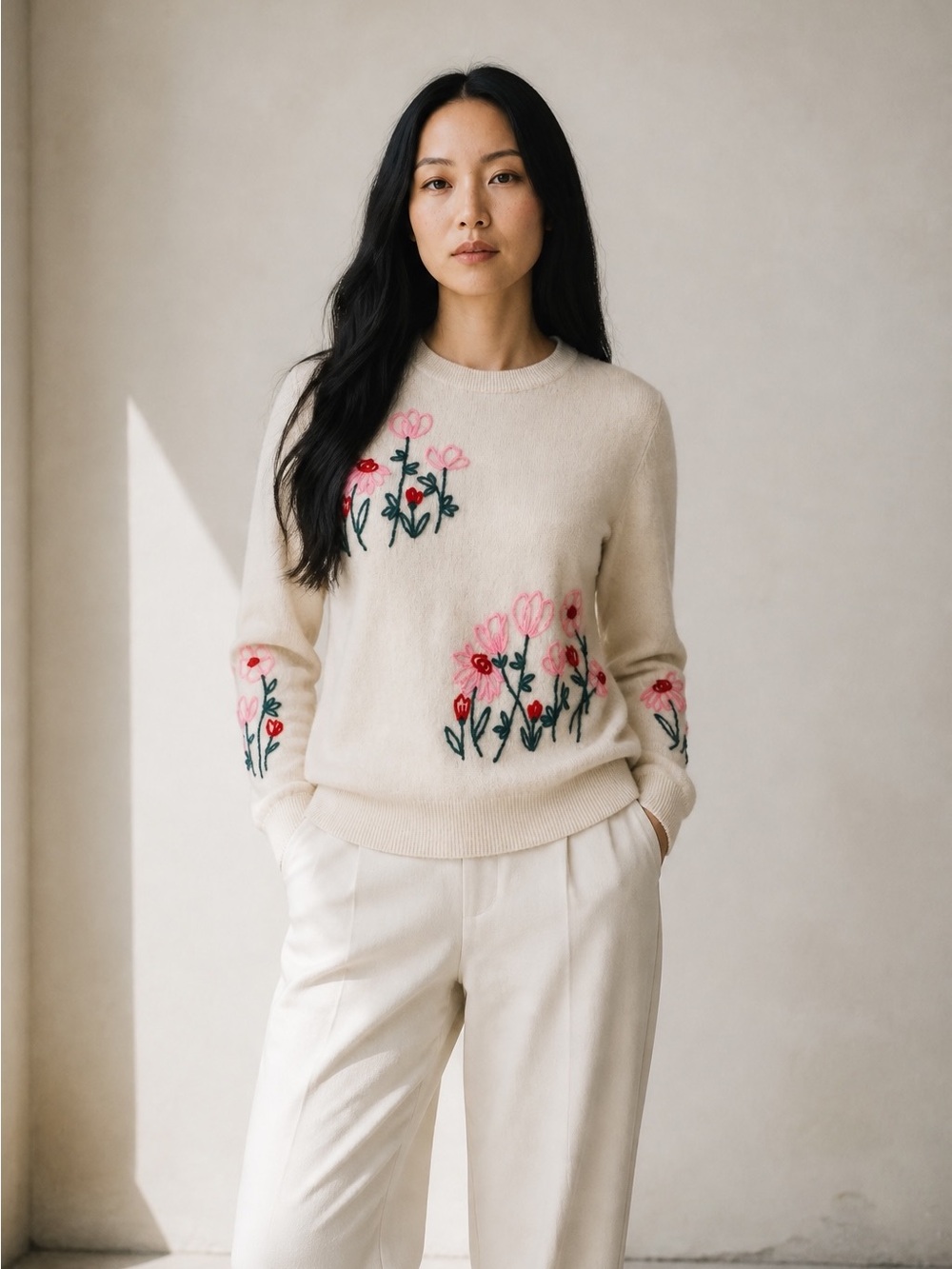 CYNTHIA ROWLEY 2-Ply Cashmere Floral Embroidered Sweater in Cream